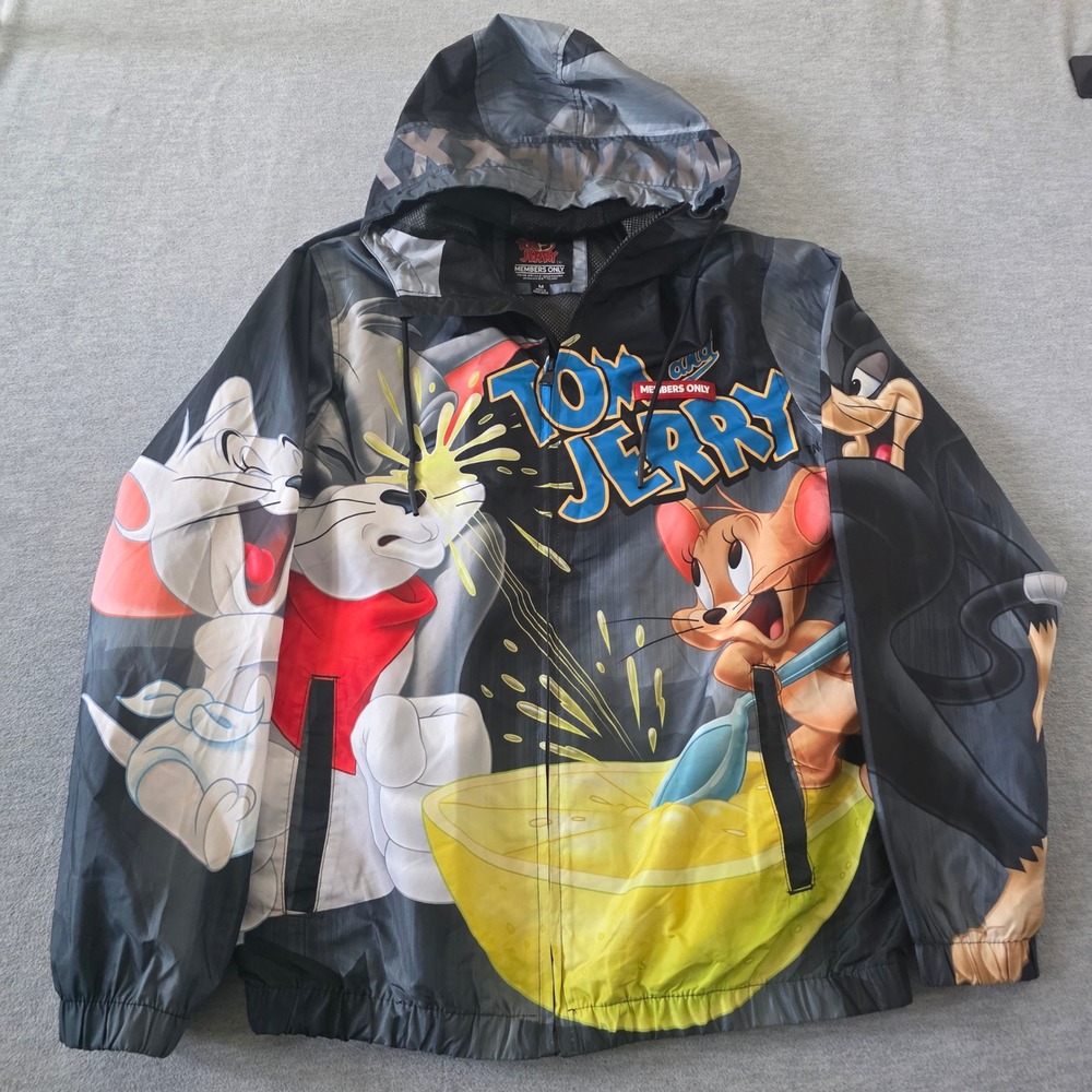 Members Only Tom and Jerry Windbreaker Jacket Mens Medium Black Graphic Hooded